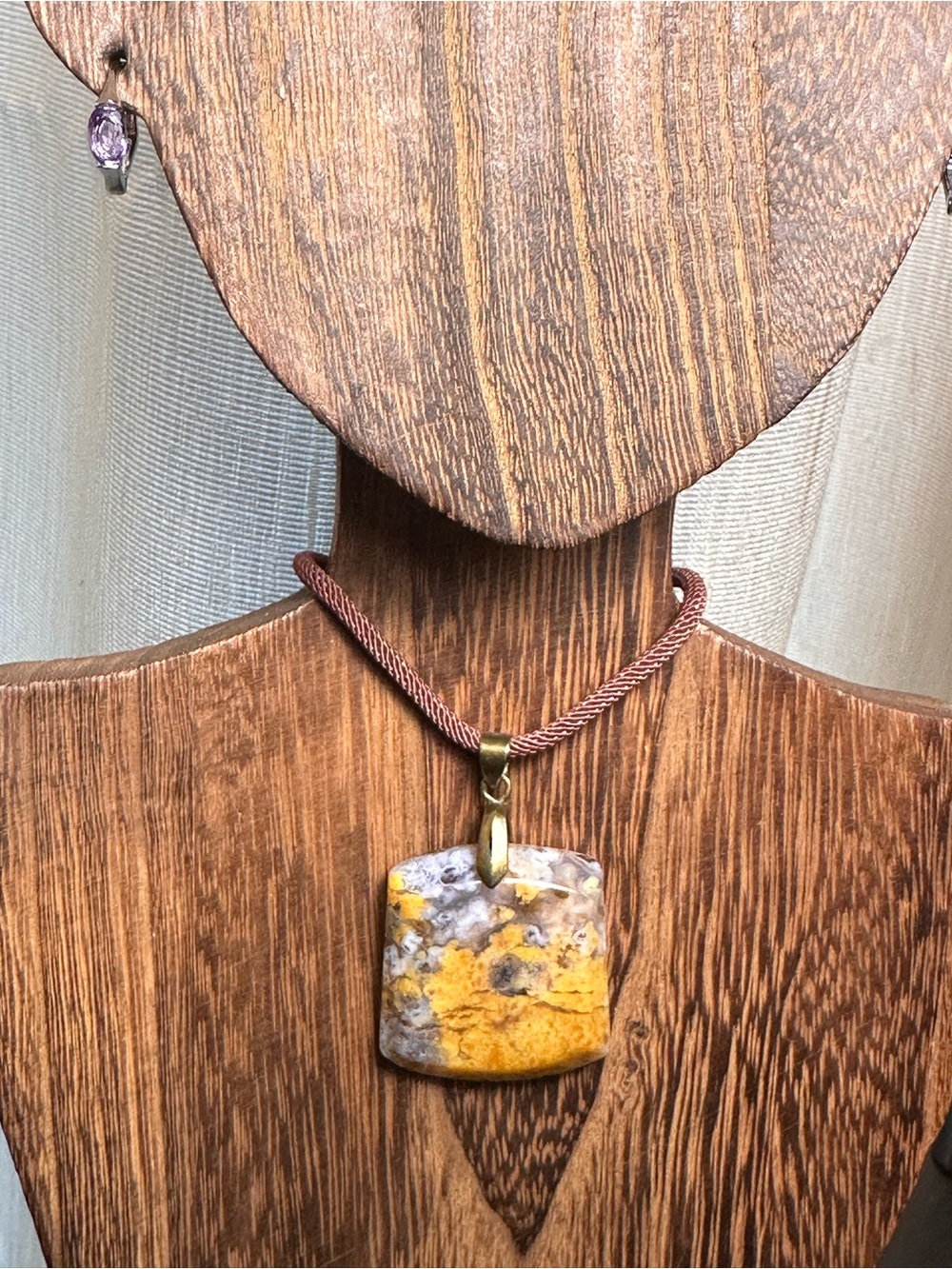 Unique Square Yellow Jasper Pendant Necklace on Brown Rope - Picture 13 of 14